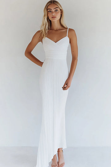 Bodycon Vit Bomull Spaghetti Remmar Plisserad Graduation Klänning